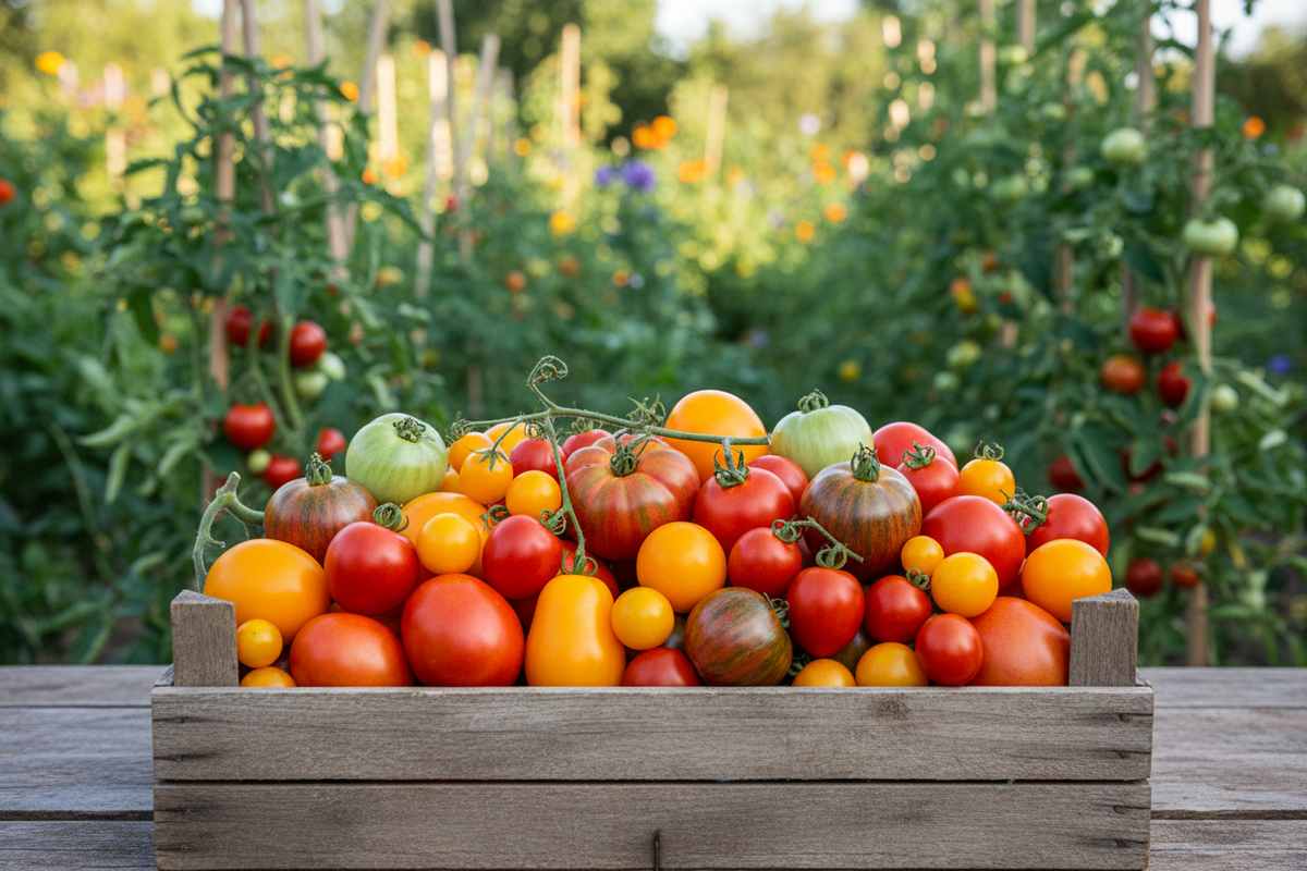 Let's show the harvested tomatoes off the vine with a garden in the background instead